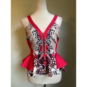 Bebe Red Floral Peplum Top Sleeveless  Zip Tiered Ruffle Small Y2K whimsi dainty